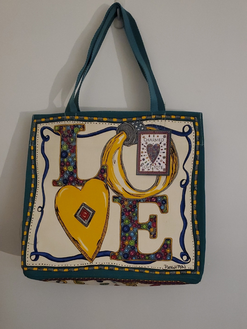 Brighton Charmed LOVE Tote Teal and Yellow LOVE Graphic